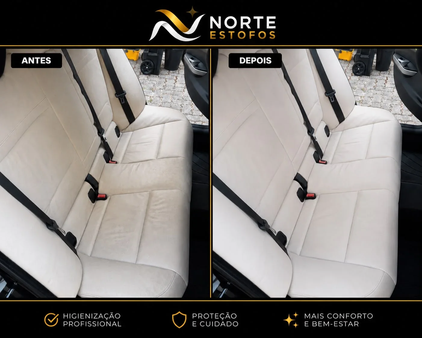 Banco traseiro automóvel antes e depois de higienização profissional